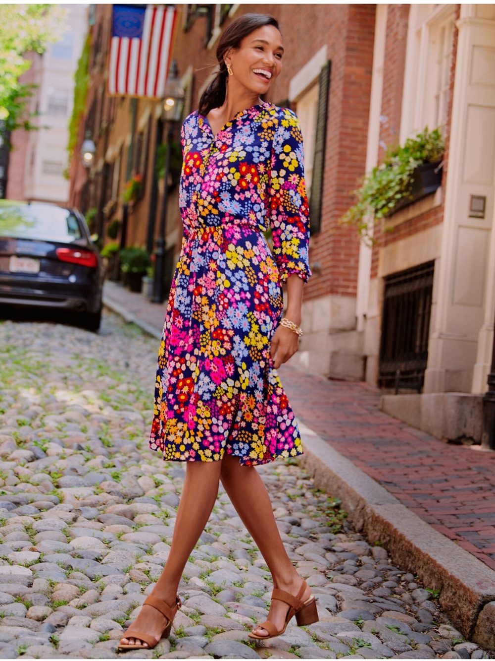 Talbots 2X Plus Multicolor Navy Blue Fit & Flare Starburst Floral Midi Dress - Picture 3 of 16